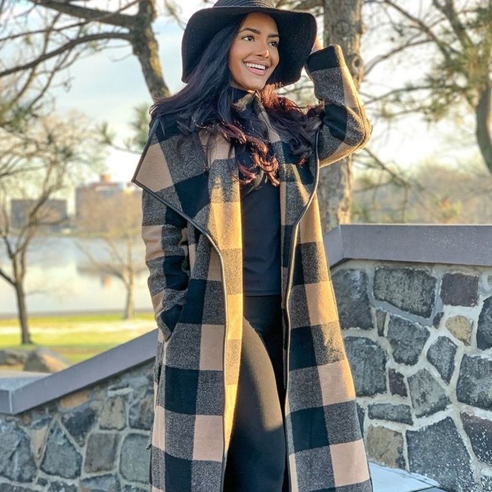 Black and brown plaid trench coat